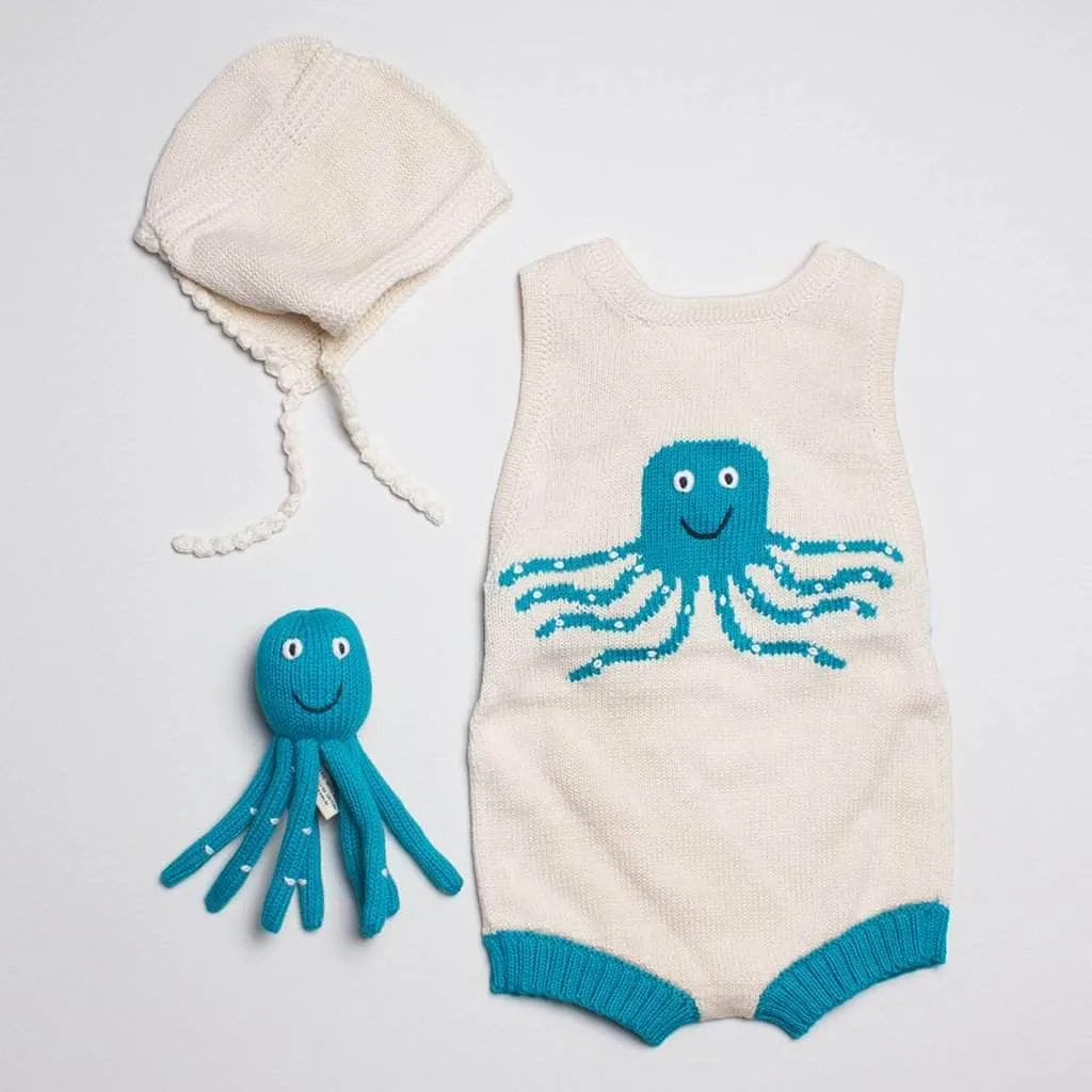 Organic Baby Gift Set - Sleeveless Octopus Romper, Octopus Rattle & Hat