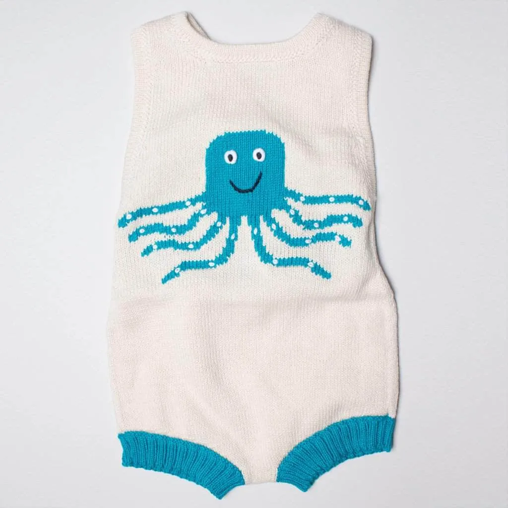 Organic Baby Gift Set - Sleeveless Octopus Romper, Octopus Rattle & Hat