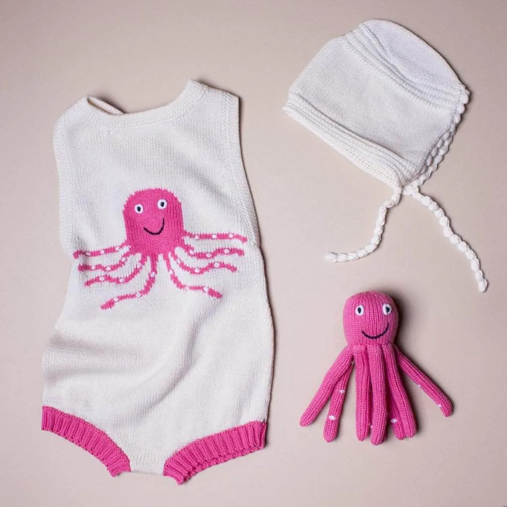 Organic Baby Gift Set - Sleeveless Octopus Romper, Octopus Rattle & Hat