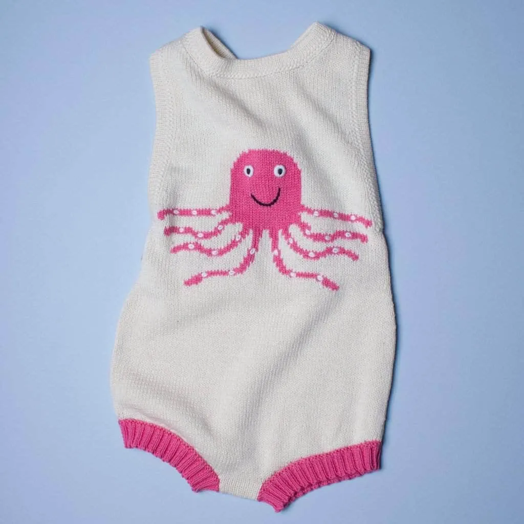 Organic Baby Gift Set - Sleeveless Octopus Romper, Octopus Rattle & Hat