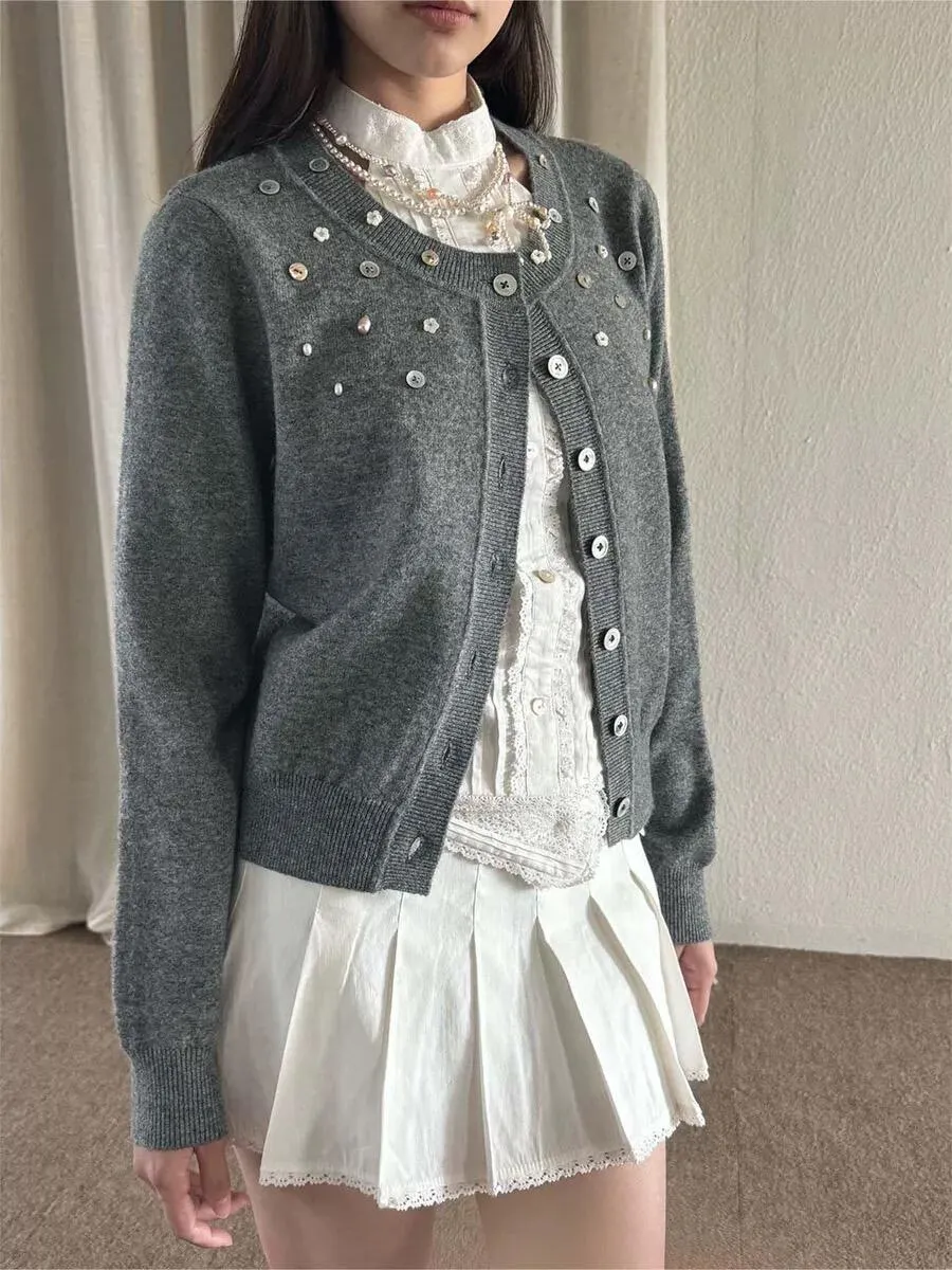 [Pacific Position] My Heart Is Full Of Dreams Grey Pearls and Cashmere Blend Cardigan Christmas