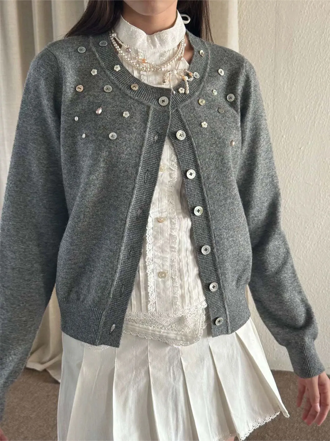 [Pacific Position] My Heart Is Full Of Dreams Grey Pearls and Cashmere Blend Cardigan Christmas