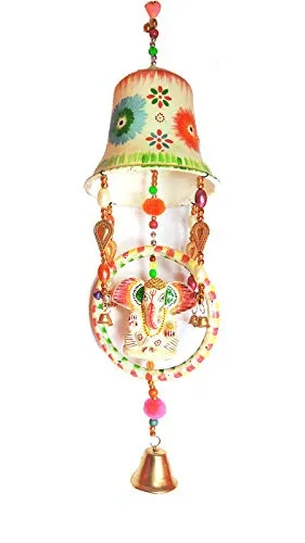 Palpal Art Gallery Paper Mache Decorative JHOOMAR Wind Chime Hanging Bell Ganesha Jhumer White Colour Full Door,Wall Hanging for Home,tample,Event Decoration (42x11.5x11.5cm)