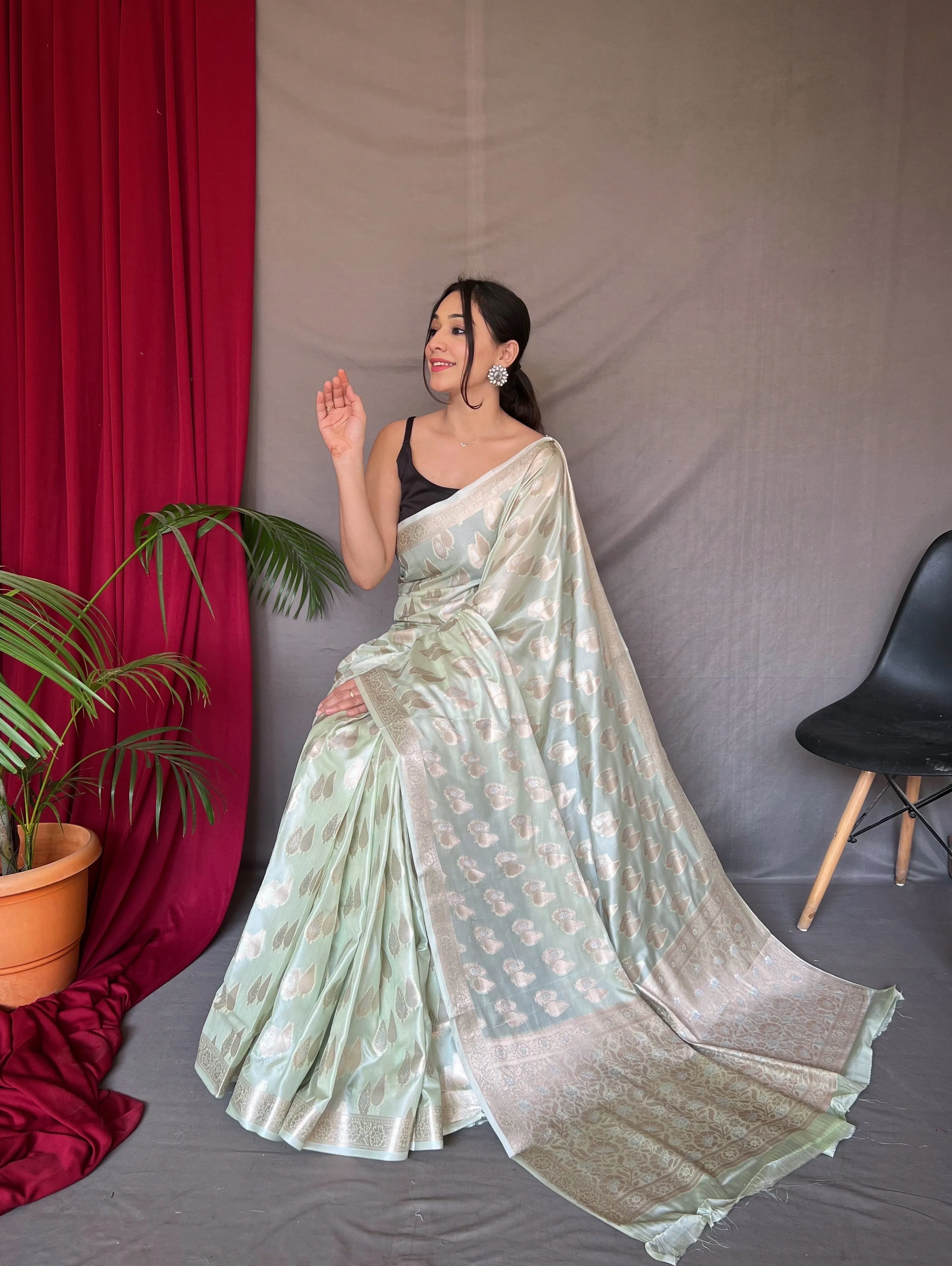 Pastel Green Saree in Tabby Soft Silk Woven