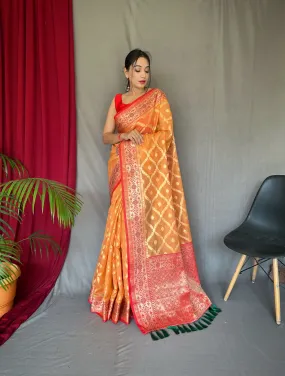 Pastel Orange Saree in Banarasi Organza Silk Woven