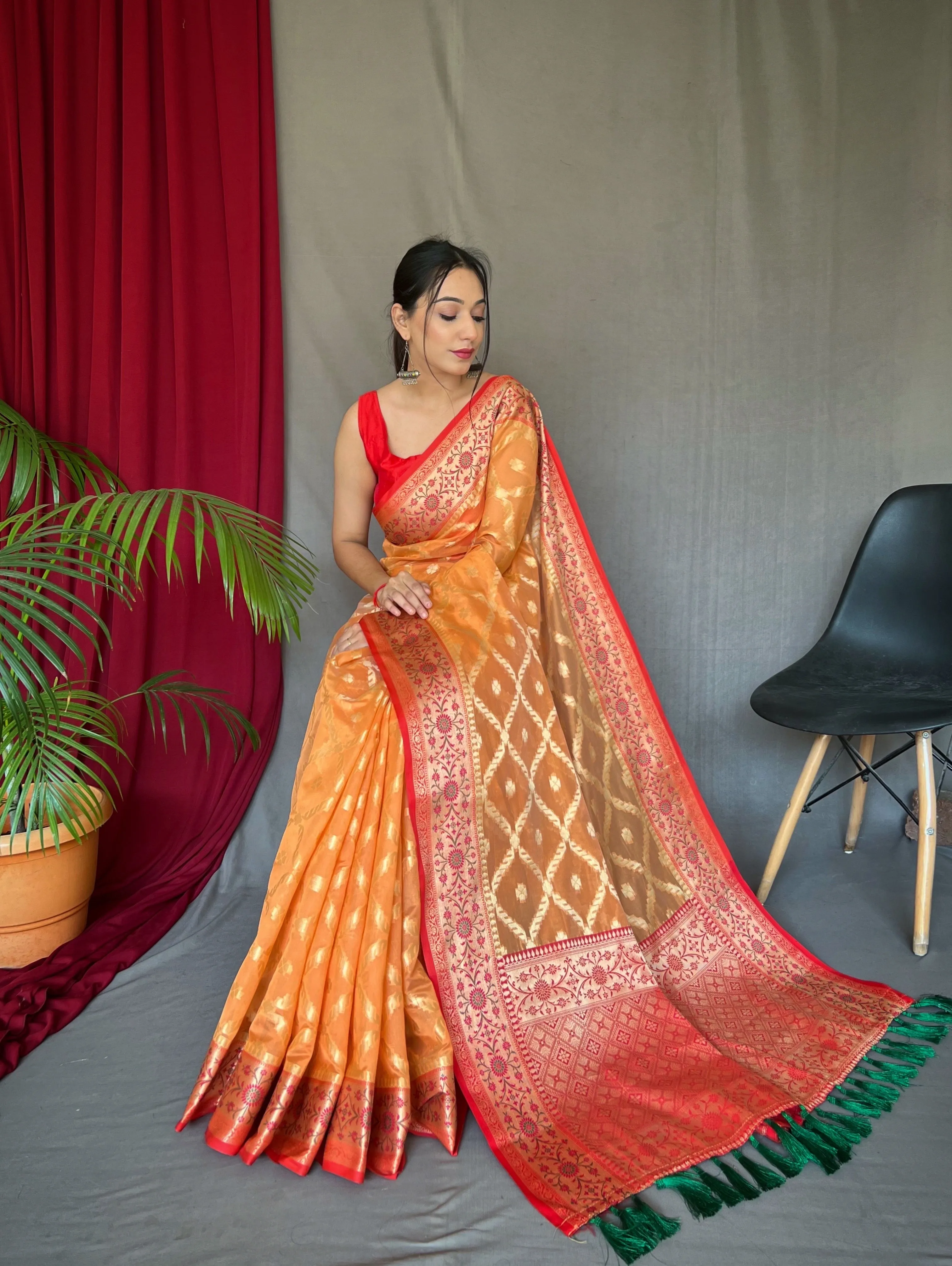 Pastel Orange Saree in Banarasi Organza Silk Woven