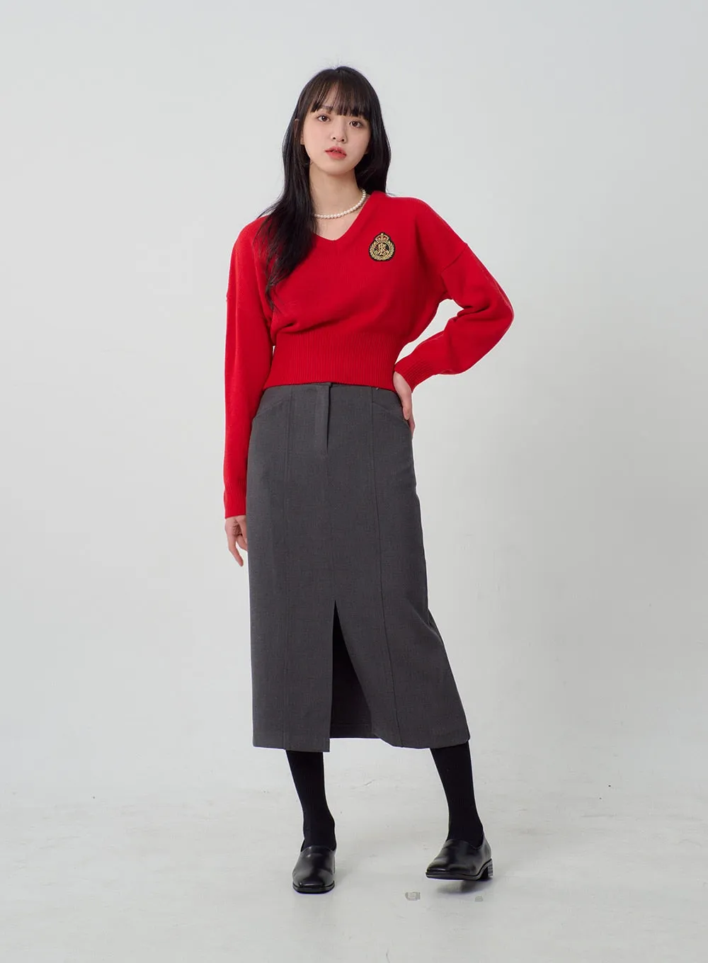 Patch V-Neck Cropped Sweater OJ316