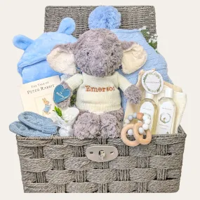 Personalised & Luxury Eco Ellie Elephant New Baby Boy Basket