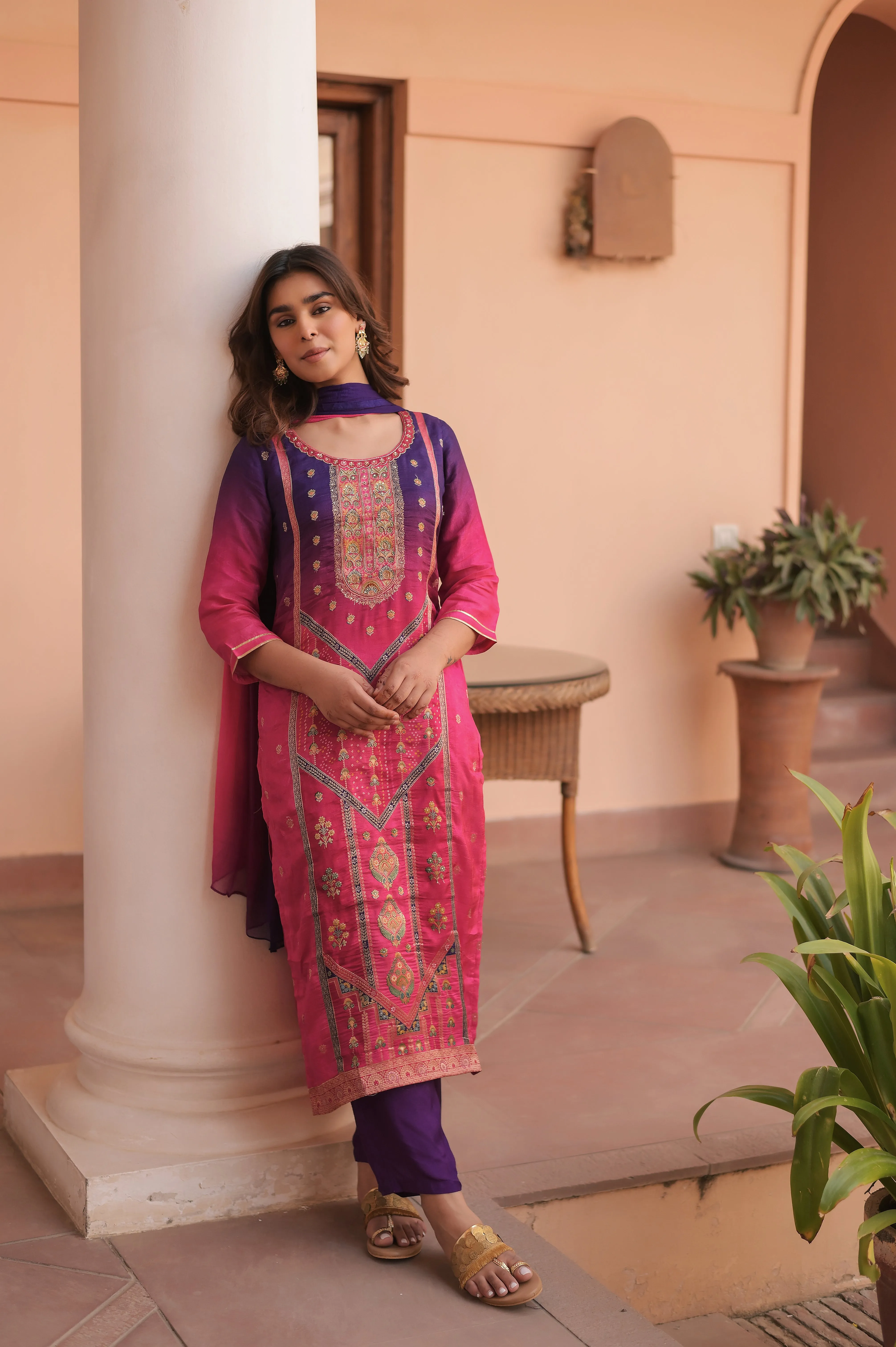 Pink Blue Harmony Kurta Set With Dupatta