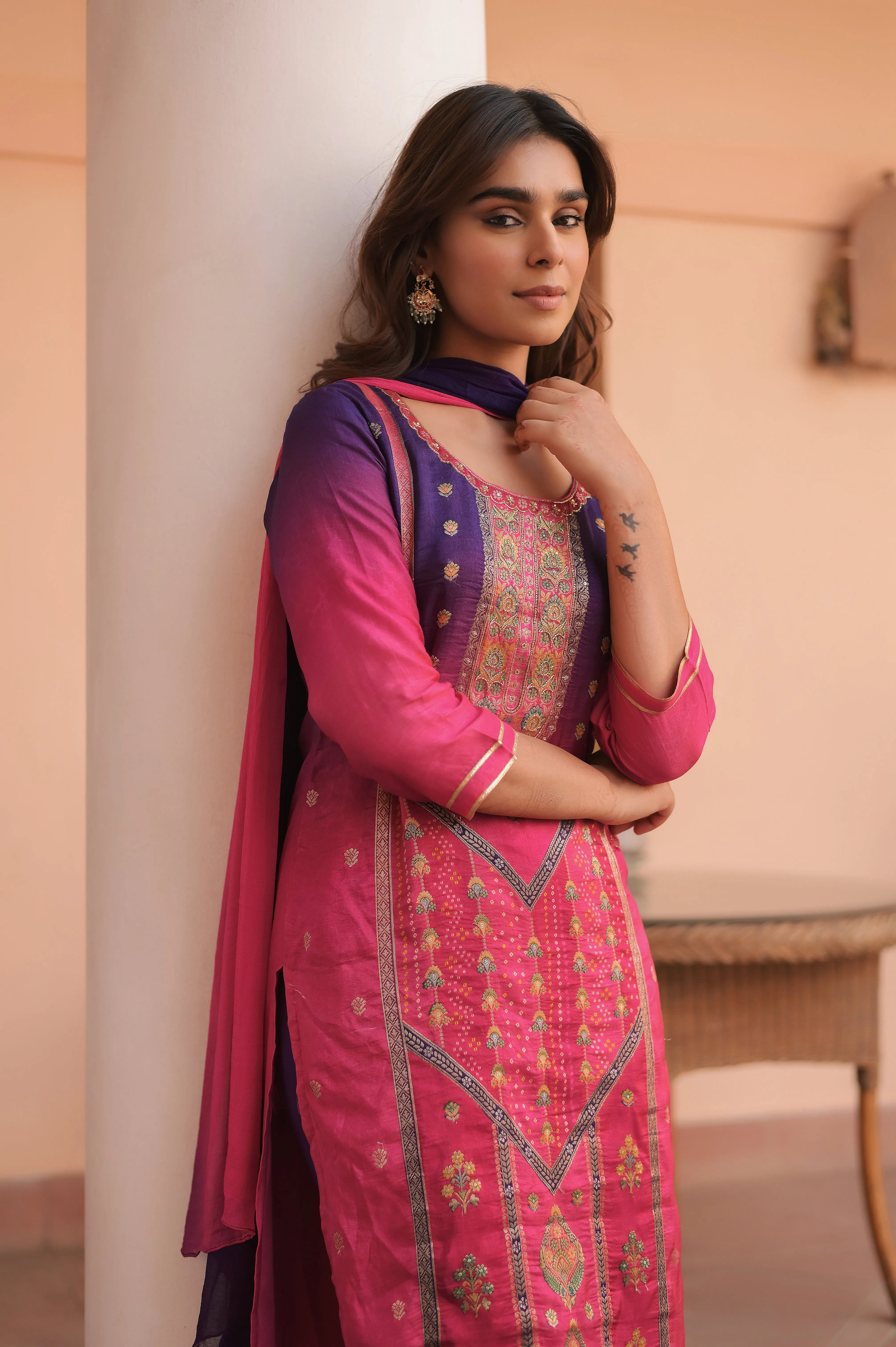 Pink Blue Harmony Kurta Set With Dupatta