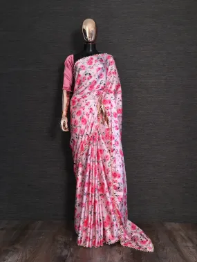 Pink Color Digital Printed Japan Satin Saree With Pearl Lace Border