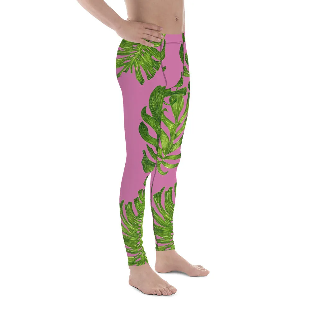 Pink Tropical Leaf Men's Tights, Light Pink Tropical Leaf Print Men's Premium Leggings-Made in USA/EU (US Size: XS-3XL)