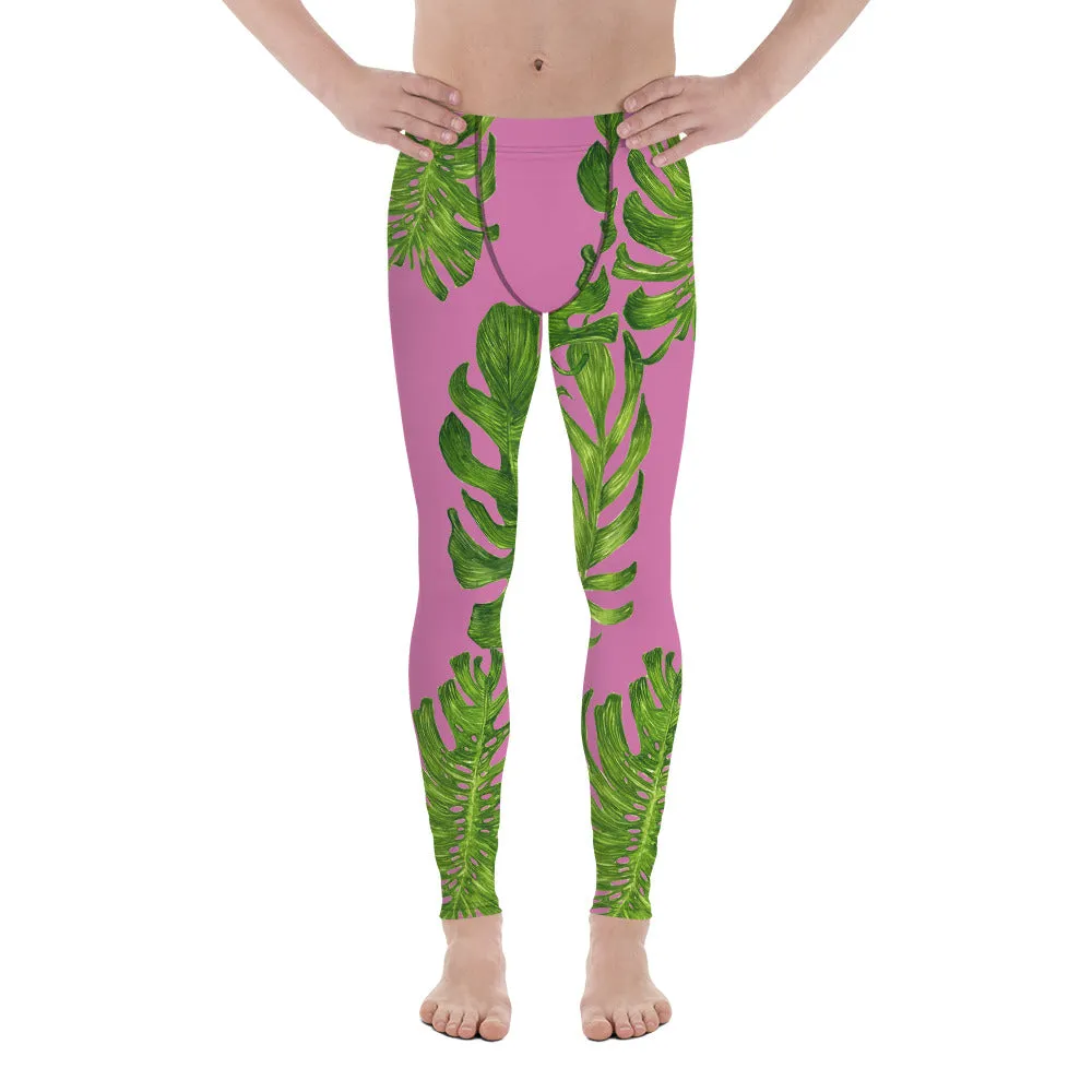 Pink Tropical Leaf Men's Tights, Light Pink Tropical Leaf Print Men's Premium Leggings-Made in USA/EU (US Size: XS-3XL)