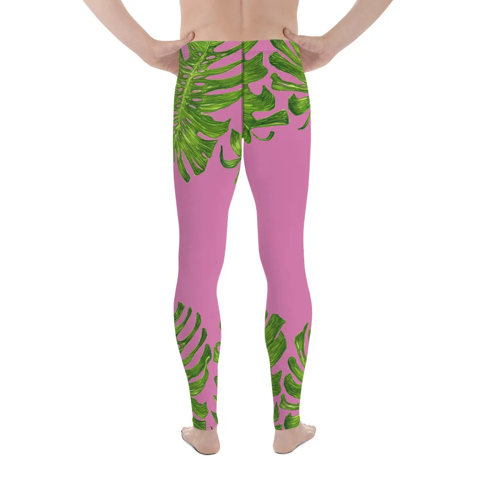 Pink Tropical Leaf Men's Tights, Light Pink Tropical Leaf Print Men's Premium Leggings-Made in USA/EU (US Size: XS-3XL)