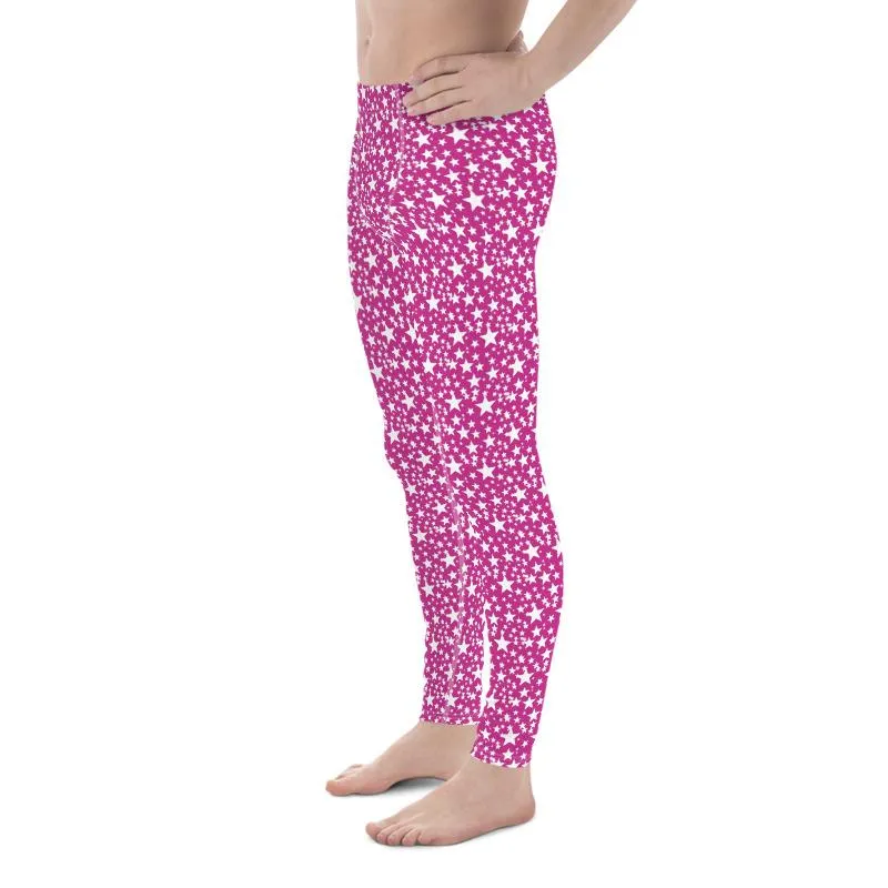 Pink White Star Pattern Print Premium Men's Leggings Compression Tights- Made in USA/EU