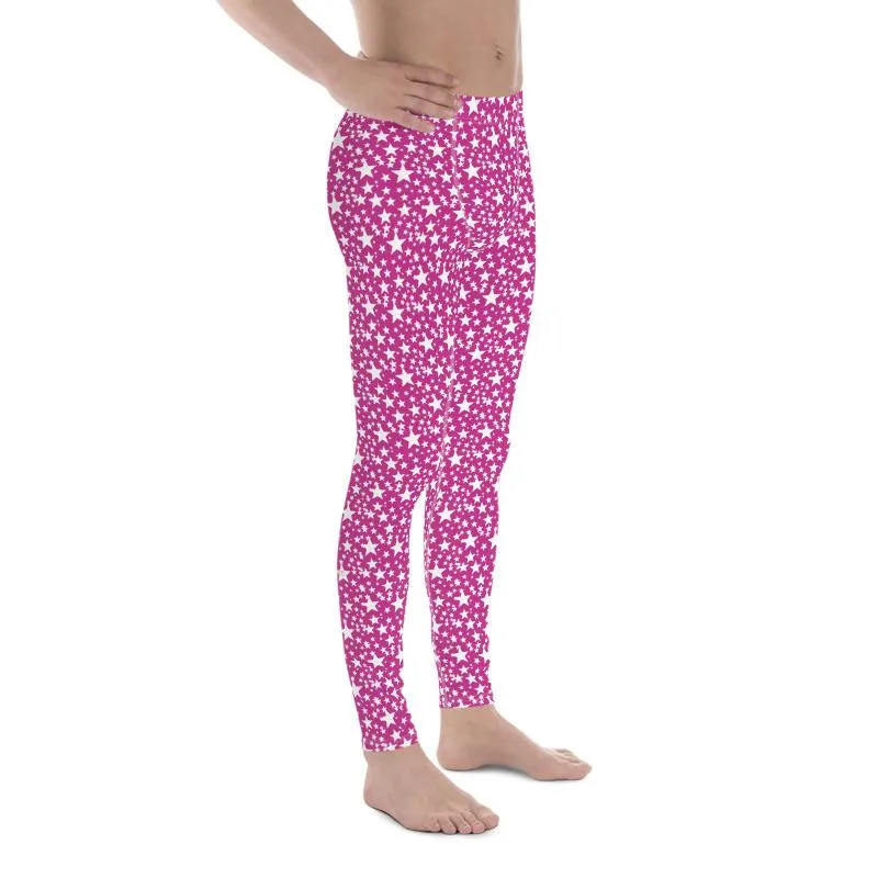 Pink White Star Pattern Print Premium Men's Leggings Compression Tights- Made in USA/EU