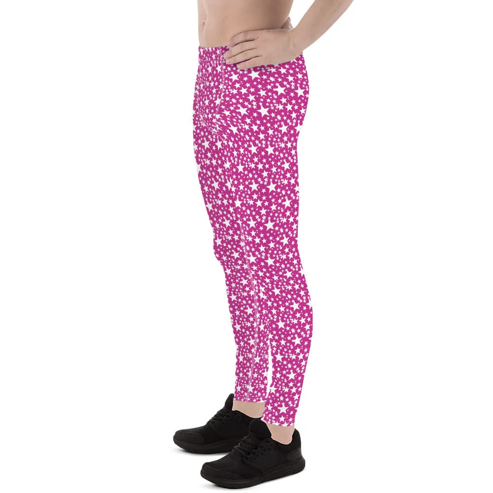 Pink White Star Pattern Print Premium Men's Leggings Compression Tights- Made in USA/EU