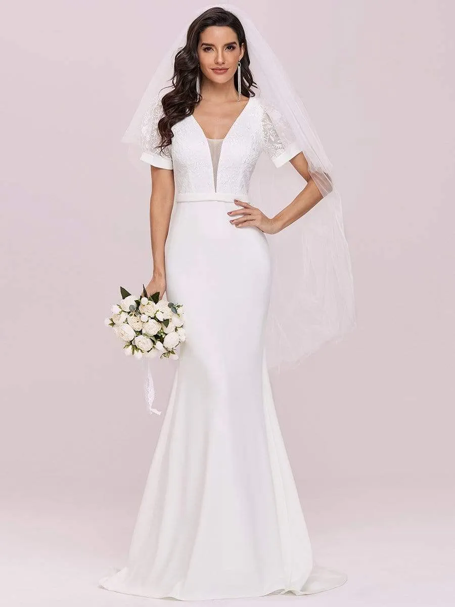 Plunge Neck Lace Bodice Floor Length Fishtail Wedding Dress