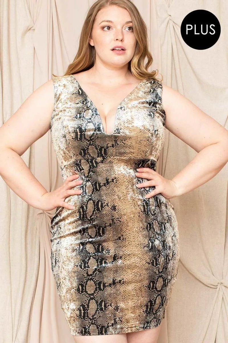 Plus Size Velour Snake Print Mini Dress