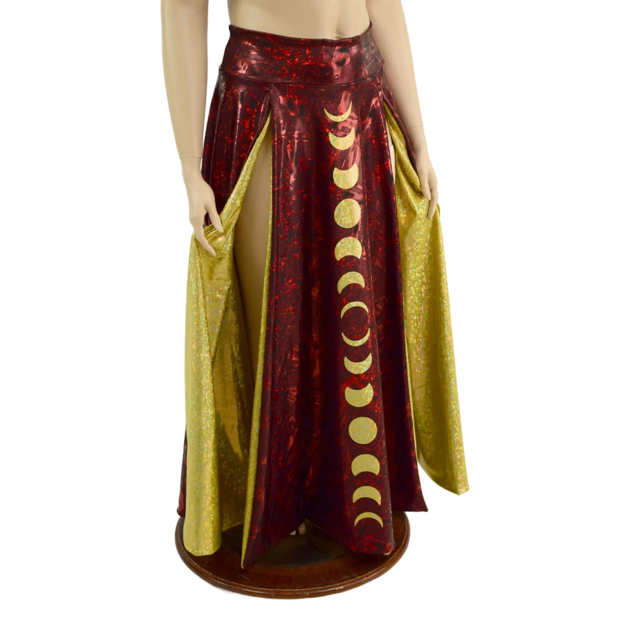 Primeval Red Double Split Skirt with Moon Phases and Gold Kaleidoscope Lining