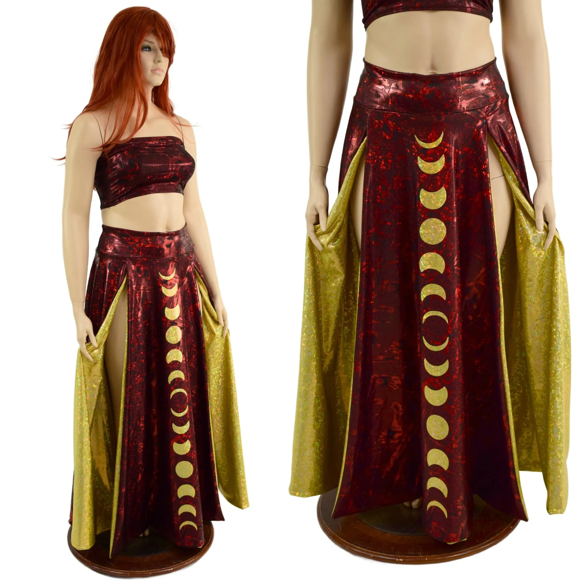 Primeval Red Double Split Skirt with Moon Phases and Gold Kaleidoscope Lining