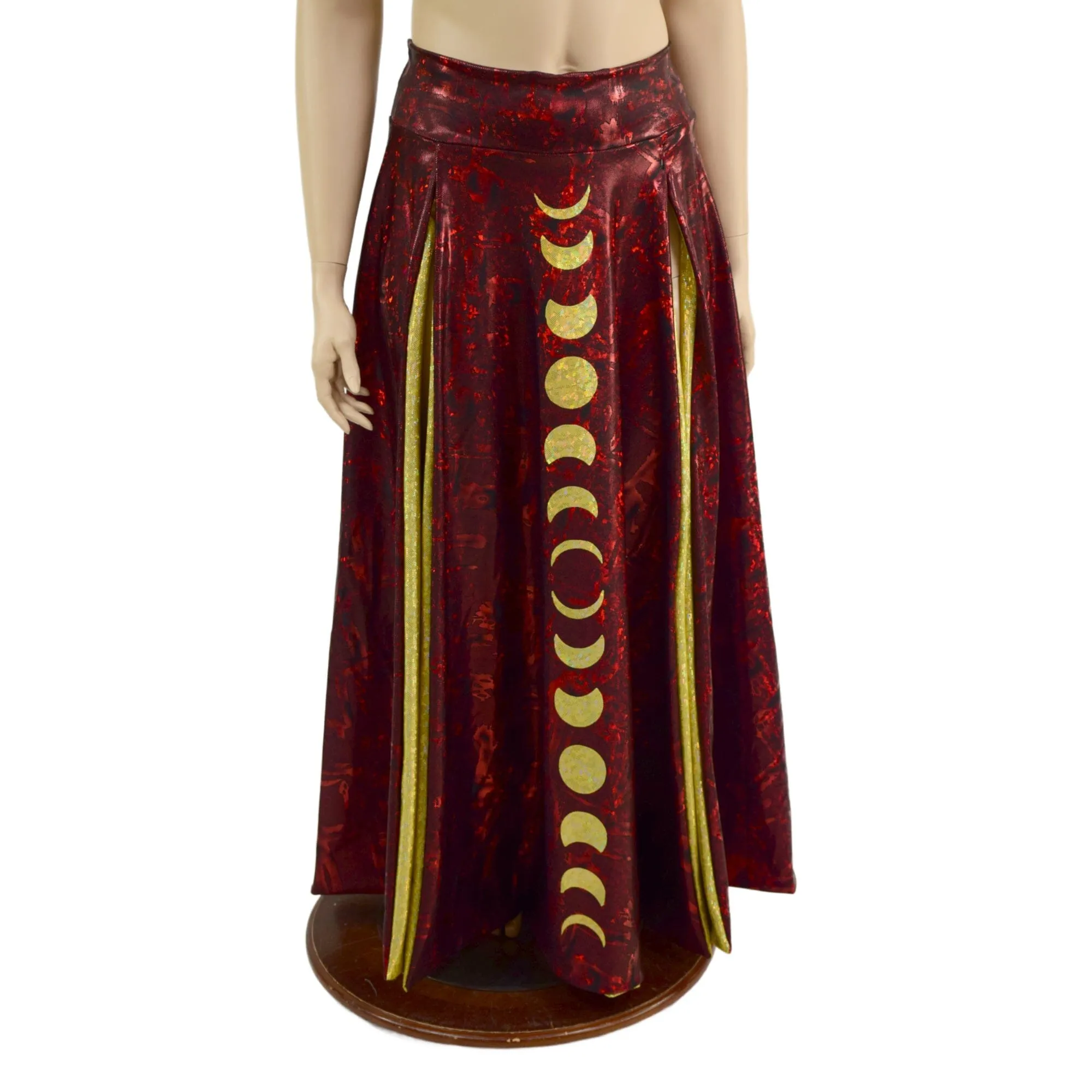 Primeval Red Double Split Skirt with Moon Phases and Gold Kaleidoscope Lining