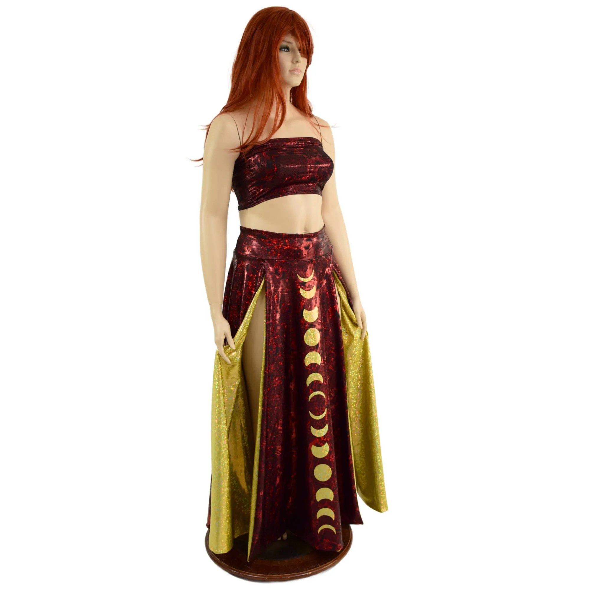 Primeval Red Double Split Skirt with Moon Phases and Gold Kaleidoscope Lining