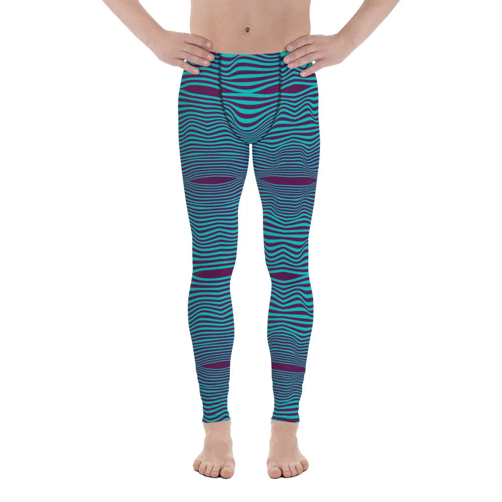 Purple Blue Wavy Men's Leggings, Retro Style Wavy Designer Men's Compression Sports Tights - Made in USA/EU/MX