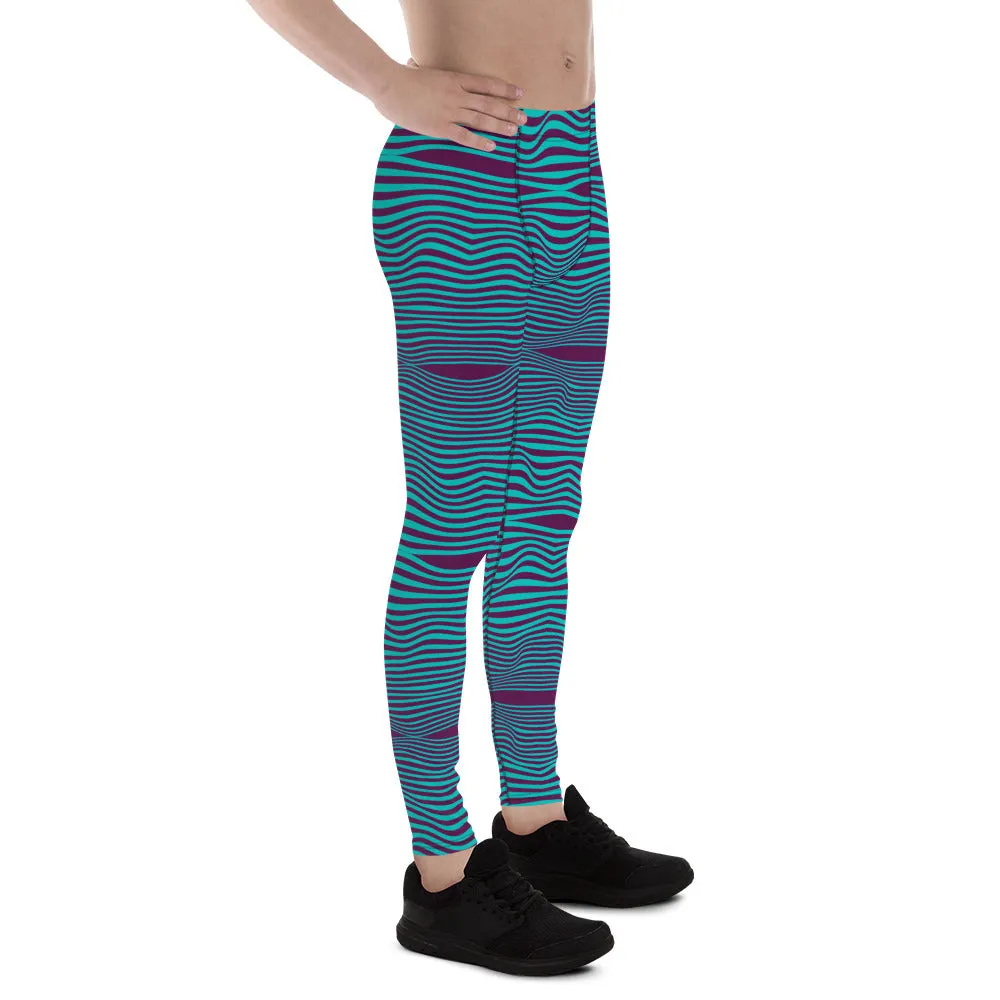 Purple Blue Wavy Men's Leggings, Retro Style Wavy Designer Men's Compression Sports Tights - Made in USA/EU/MX