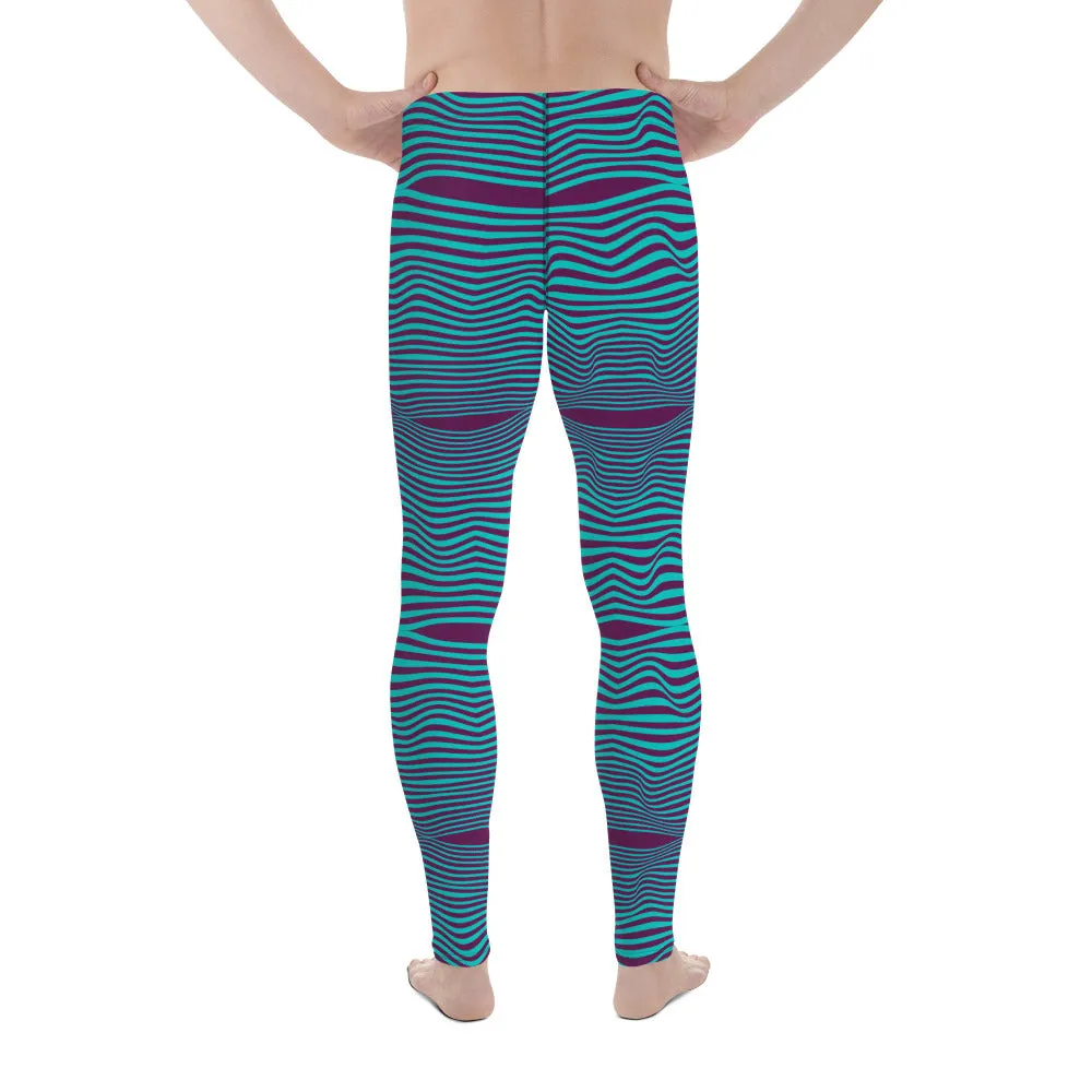 Purple Blue Wavy Men's Leggings, Retro Style Wavy Designer Men's Compression Sports Tights - Made in USA/EU/MX