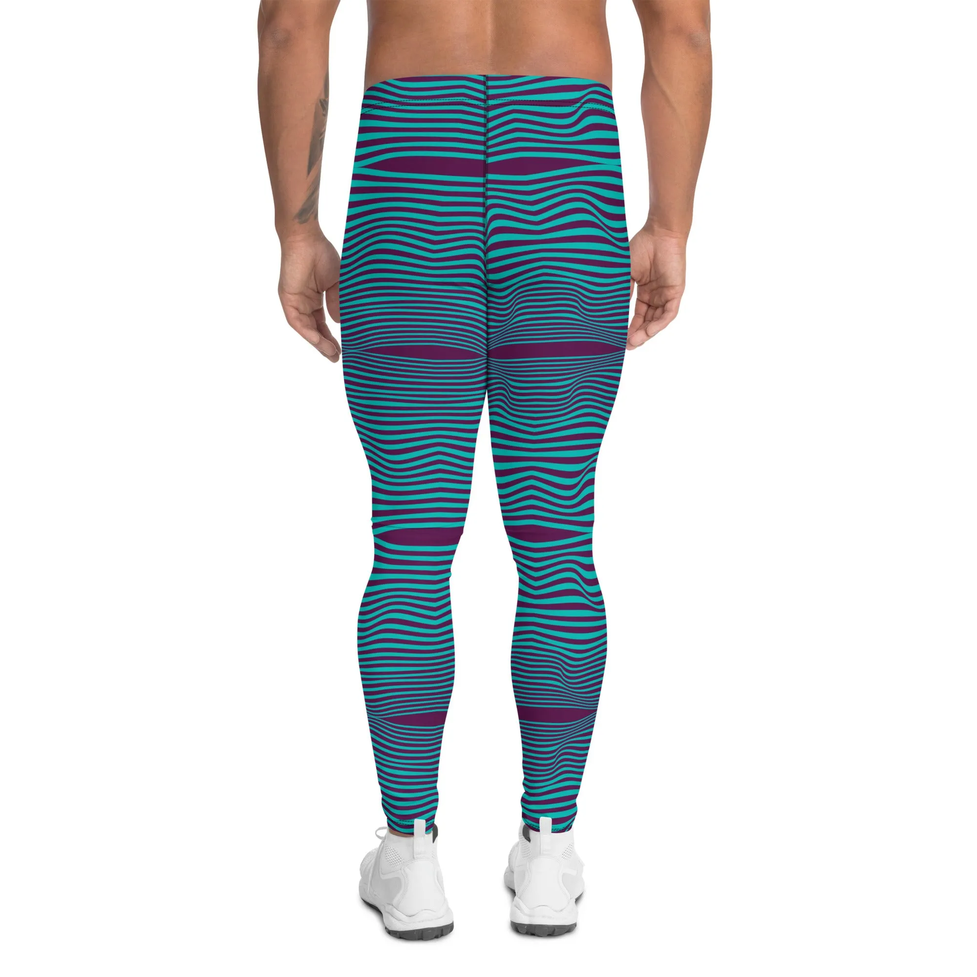 Purple Blue Wavy Men's Leggings, Retro Style Wavy Designer Men's Compression Sports Tights - Made in USA/EU/MX