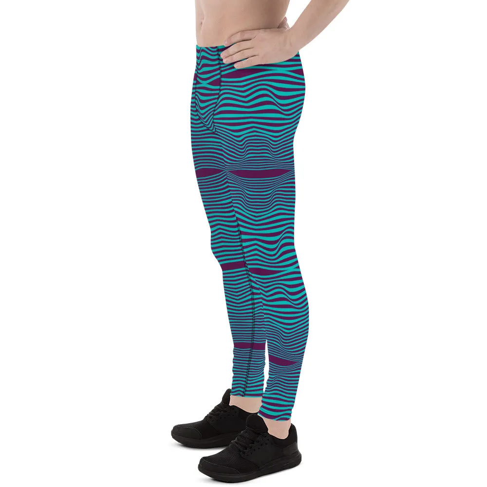 Purple Blue Wavy Men's Leggings, Retro Style Wavy Designer Men's Compression Sports Tights - Made in USA/EU/MX