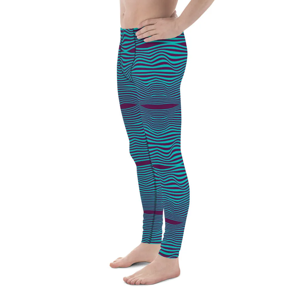 Purple Blue Wavy Men's Leggings, Retro Style Wavy Designer Men's Compression Sports Tights - Made in USA/EU/MX