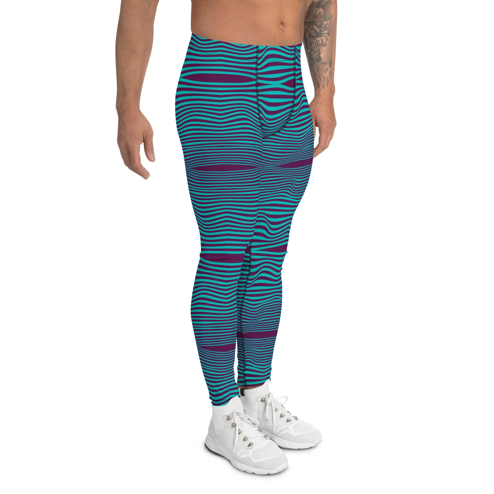 Purple Blue Wavy Men's Leggings, Retro Style Wavy Designer Men's Compression Sports Tights - Made in USA/EU/MX