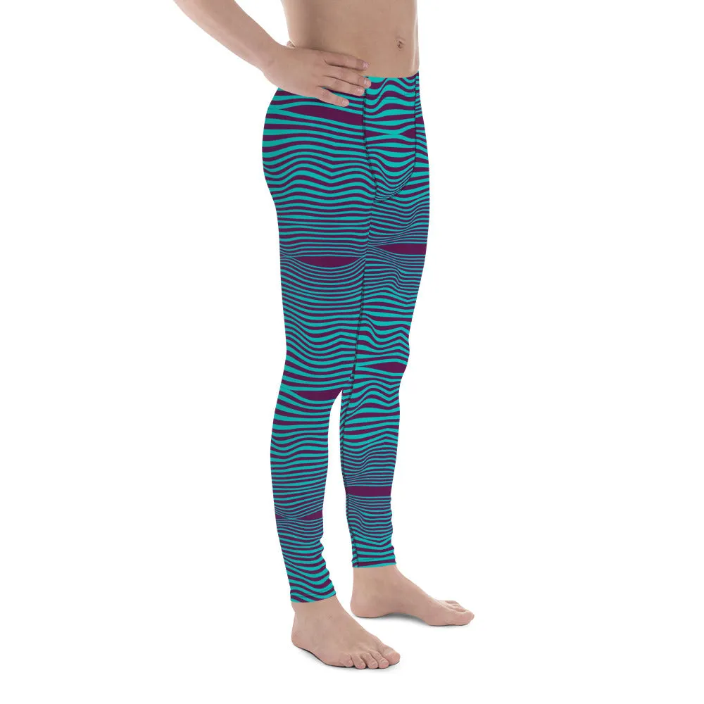 Purple Blue Wavy Men's Leggings, Retro Style Wavy Designer Men's Compression Sports Tights - Made in USA/EU/MX