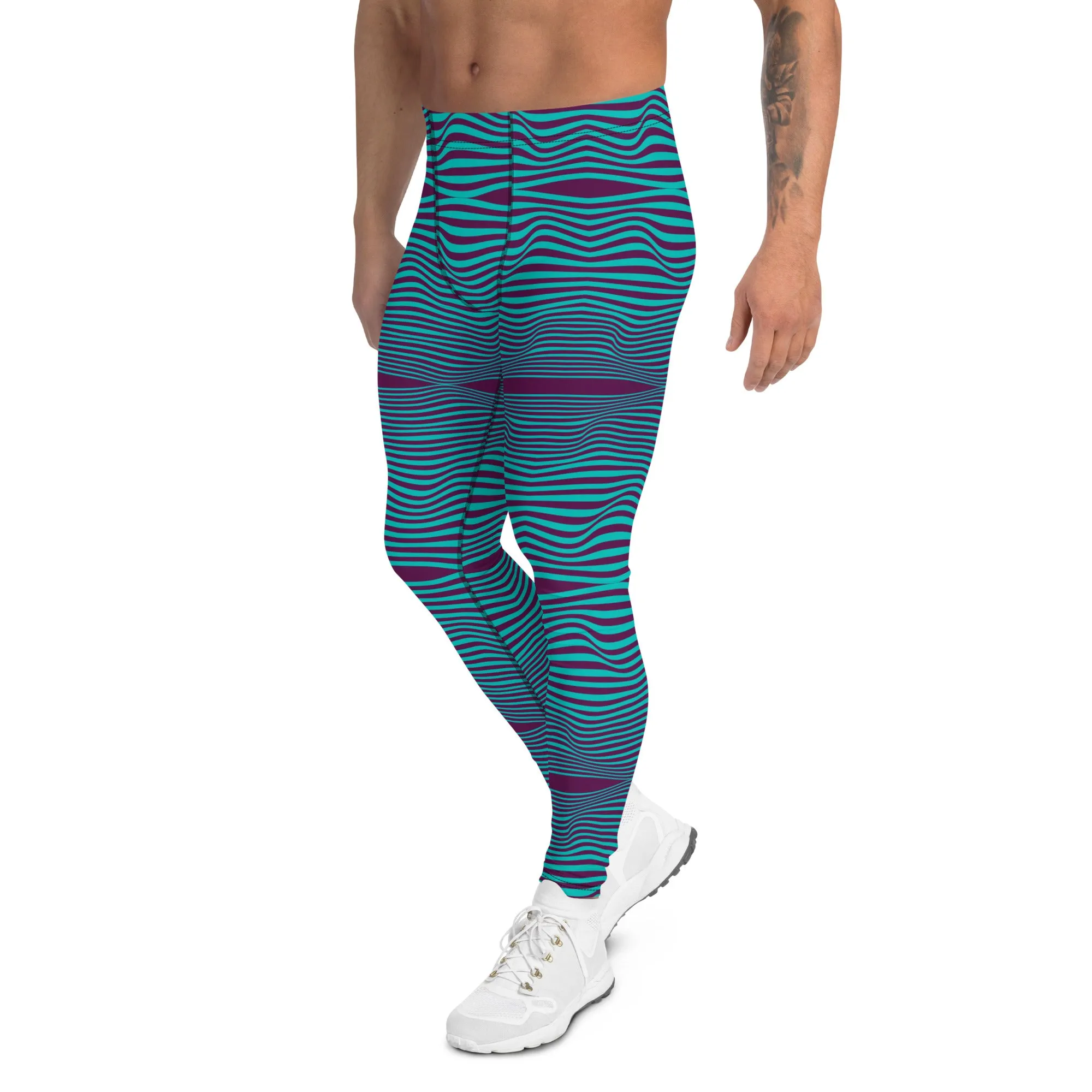 Purple Blue Wavy Men's Leggings, Retro Style Wavy Designer Men's Compression Sports Tights - Made in USA/EU/MX