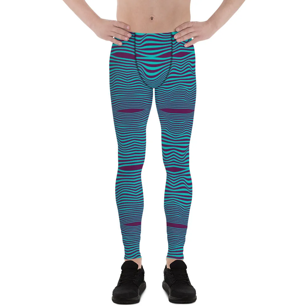 Purple Blue Wavy Men's Leggings, Retro Style Wavy Designer Men's Compression Sports Tights - Made in USA/EU/MX