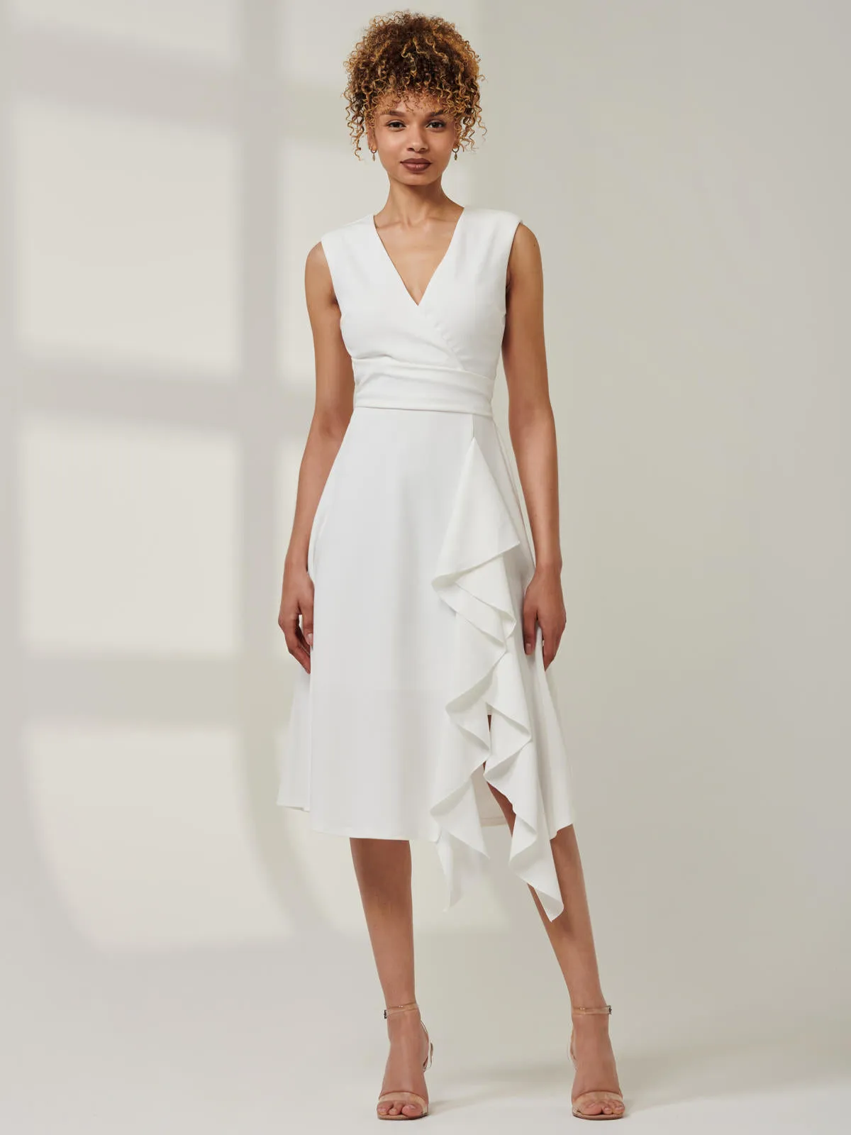 Qiana Ruffle Detail Midi Dress, White