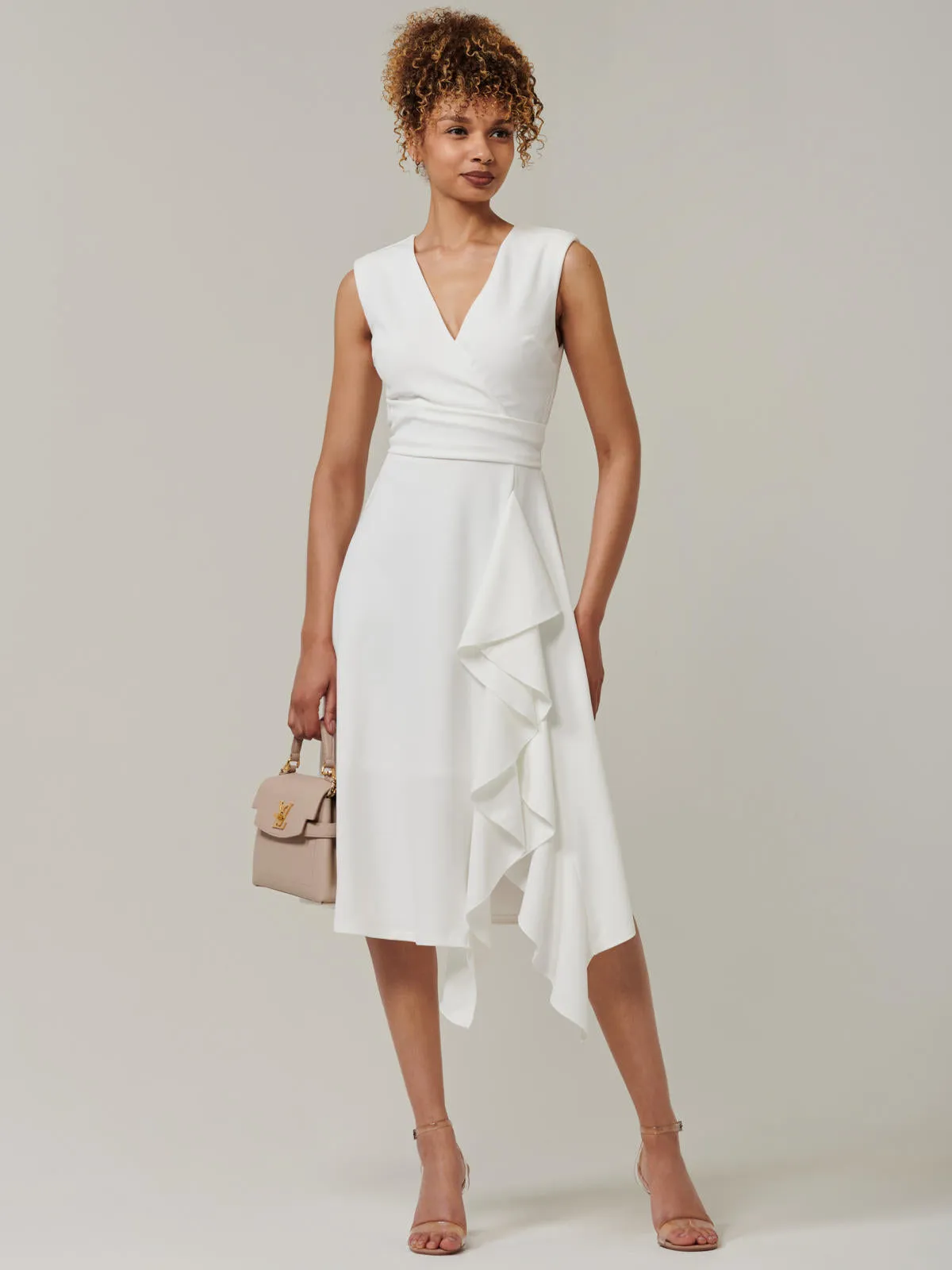 Qiana Ruffle Detail Midi Dress, White