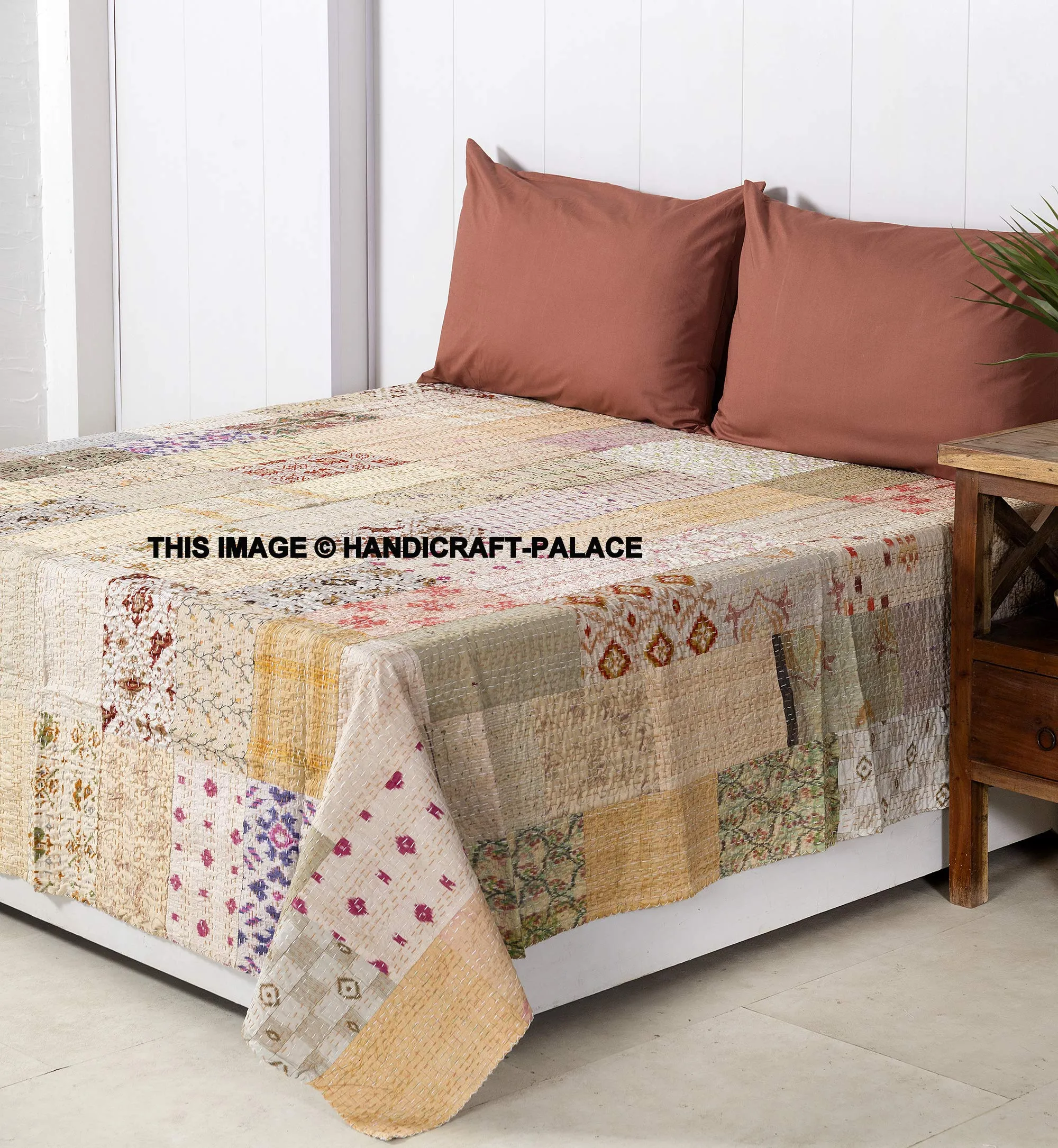 Ravaiyaa - Attitude is Everything Handmade Patchwork Silk Quilt Bed Cover Embroidered Beding Bedspread Bedroom Kantha Quilted Throw (108"x90" Inch- Beige)