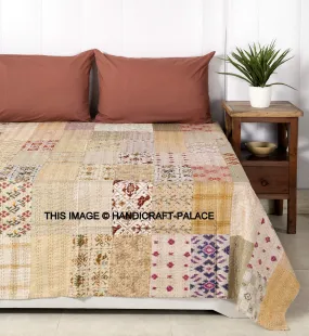 Ravaiyaa - Attitude is Everything Handmade Patchwork Silk Quilt Bed Cover Embroidered Beding Bedspread Bedroom Kantha Quilted Throw (108"x90" Inch- Beige)