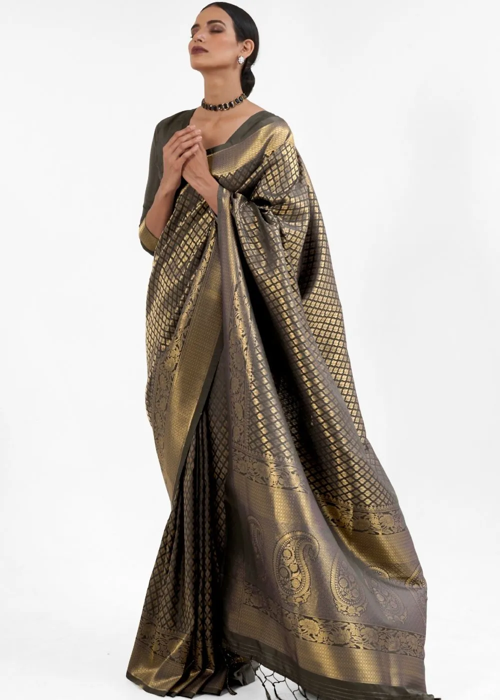 Raven Black Kanjivaram Soft Woven Silk Saree