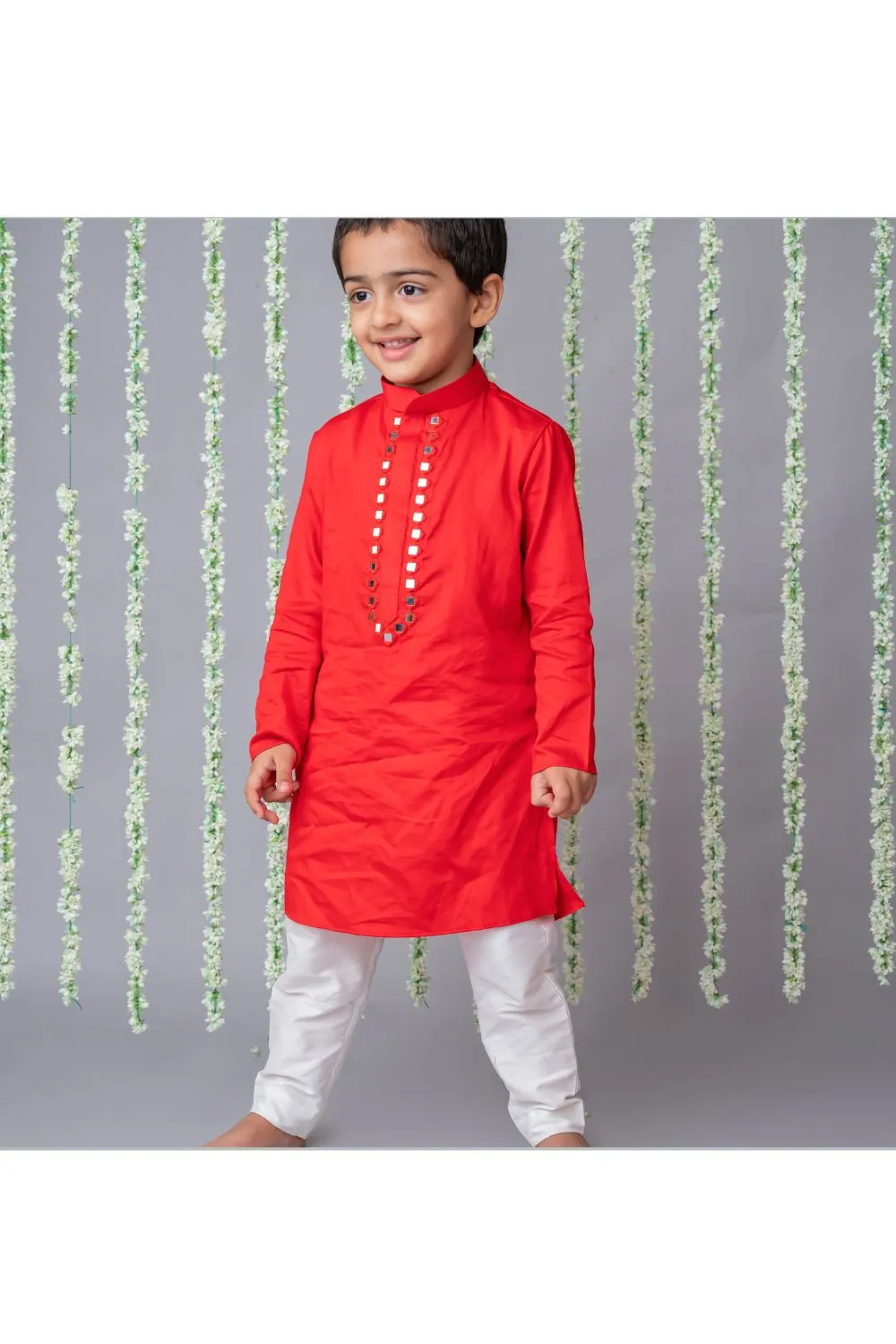 Red Handmade Mirror Detailing Satin Kurta With Pyjama Set