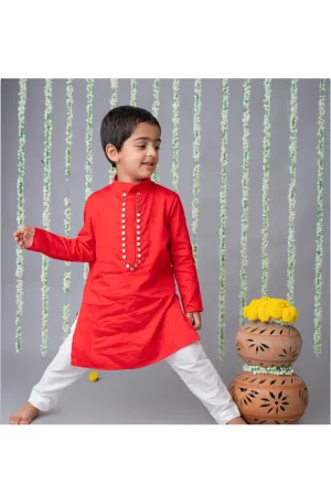 Red Handmade Mirror Detailing Satin Kurta With Pyjama Set