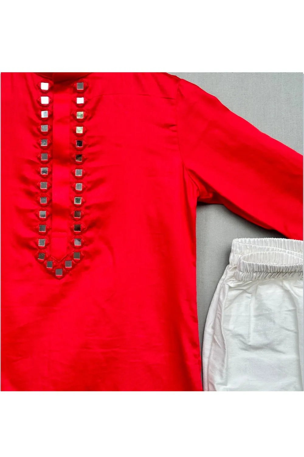 Red Handmade Mirror Detailing Satin Kurta With Pyjama Set