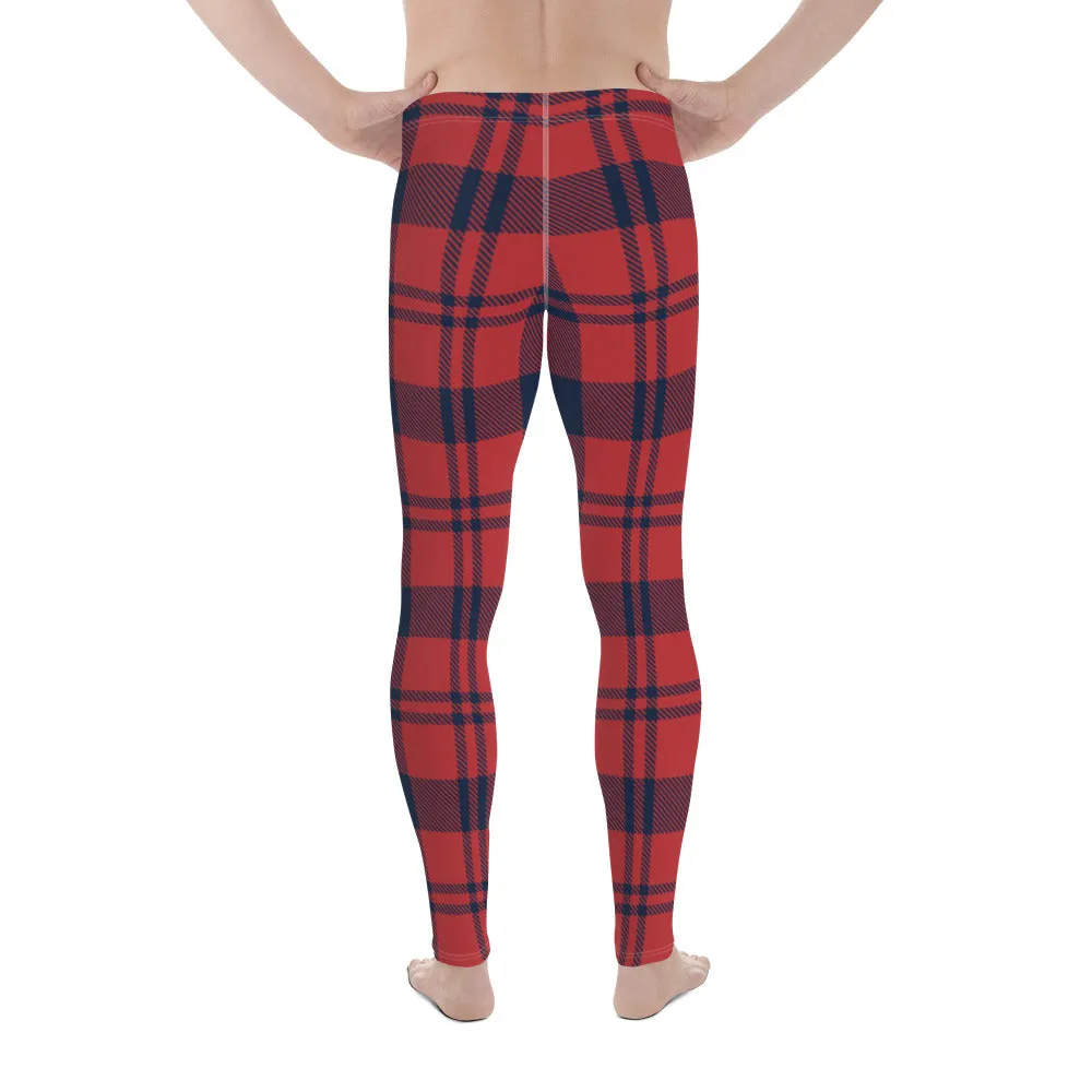 Red Plaid Print Men's Leggings, Plaid Print Classic Designer Men's Leggings - Made in USA/EU/MX