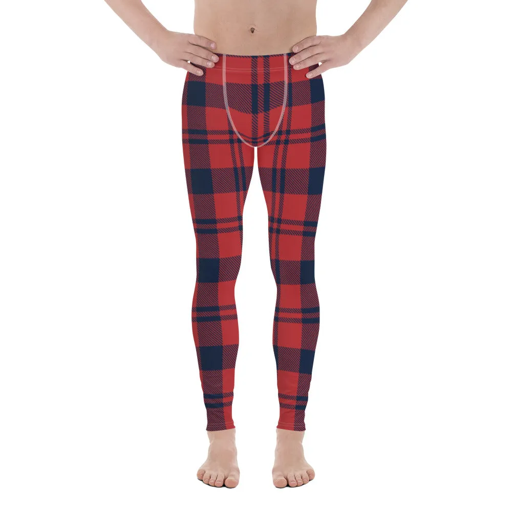 Red Plaid Print Men's Leggings, Plaid Print Classic Designer Men's Leggings - Made in USA/EU/MX