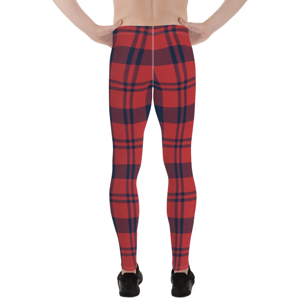 Red Plaid Print Men's Leggings, Plaid Print Classic Designer Men's Leggings - Made in USA/EU/MX