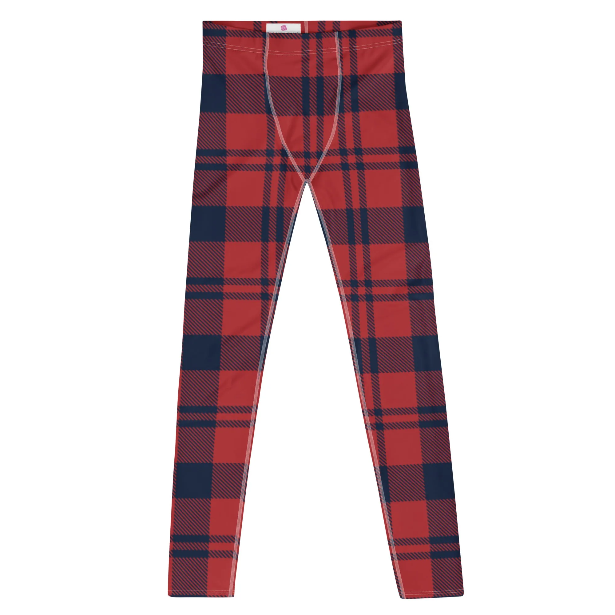 Red Plaid Print Men's Leggings, Plaid Print Classic Designer Men's Leggings - Made in USA/EU/MX