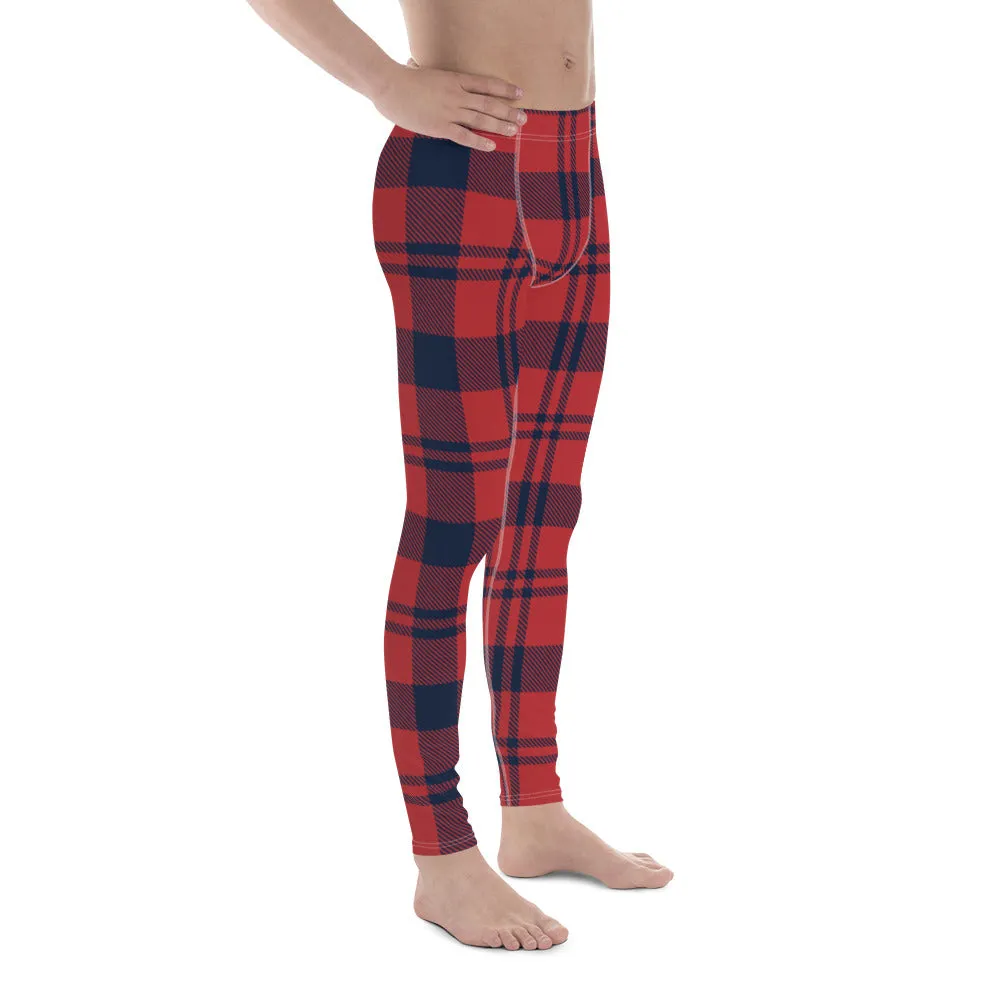 Red Plaid Print Men's Leggings, Plaid Print Classic Designer Men's Leggings - Made in USA/EU/MX